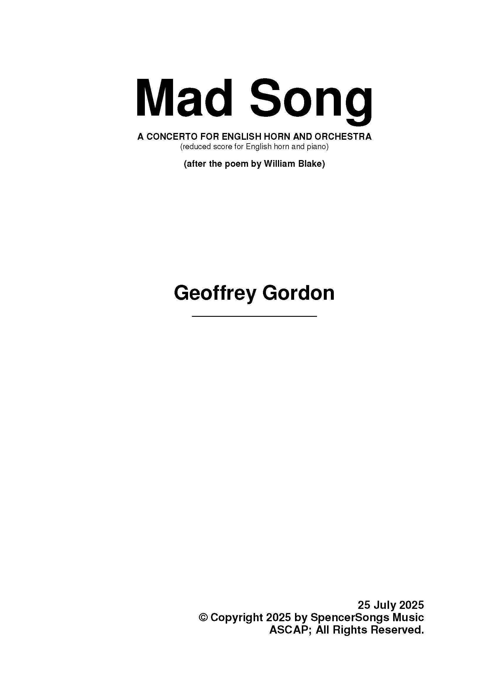 Mad Song - A Concerto For English Horn and Orchestra : Piano reduction With Solo Part.